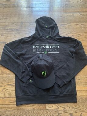 Monster Energy Black Pullover Hoodie + Matching Hat Bundle Size L